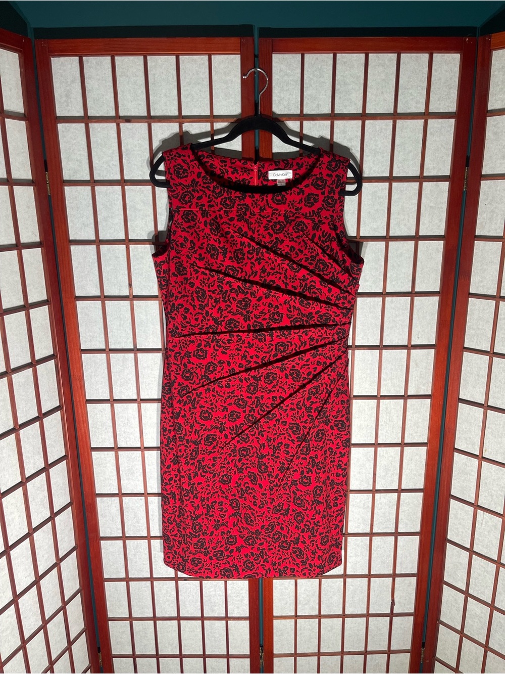 Calvin Klein Red and Black Floral Midi Sheath Dress